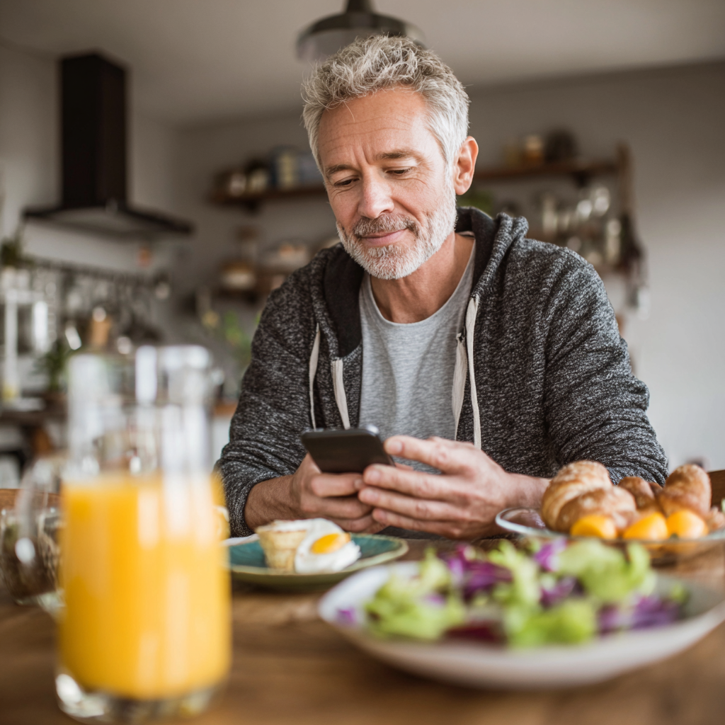 Active middle-aged man around 50 years old using smartphone app to track his healthy meal and nutrition plan, sitting at table with balanced breakfast