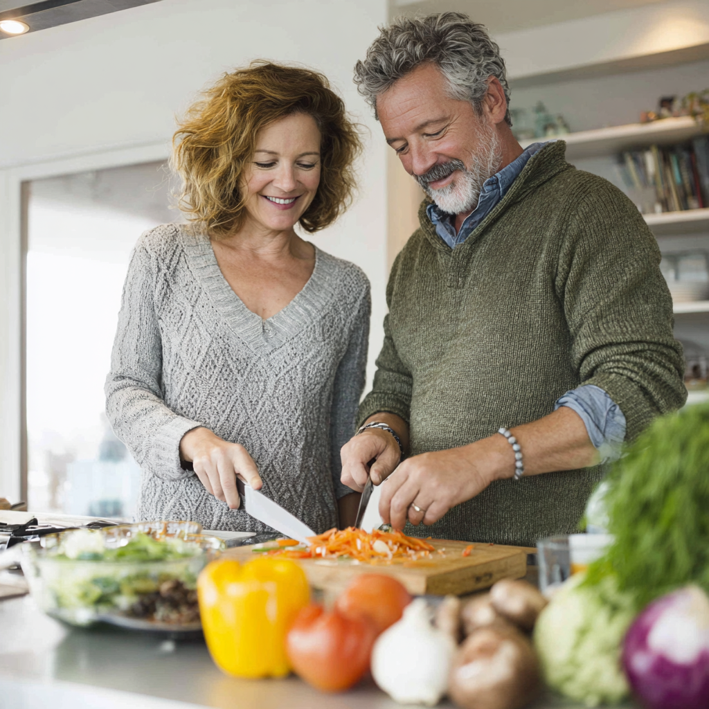 Mature couple in their late 40s preparing healthy meal together in bright kitchen, chopping vegetables and smiling