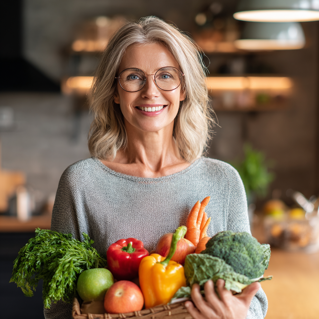 Smiling middle-aged woman in her 50s holding fresh vegetables and fruits in modern kitchen, healthy lifestyle concept